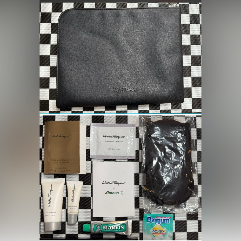 NEW Salvatore Ferragamo for Alitalia Airlines pouch incl 8 original toiletries.